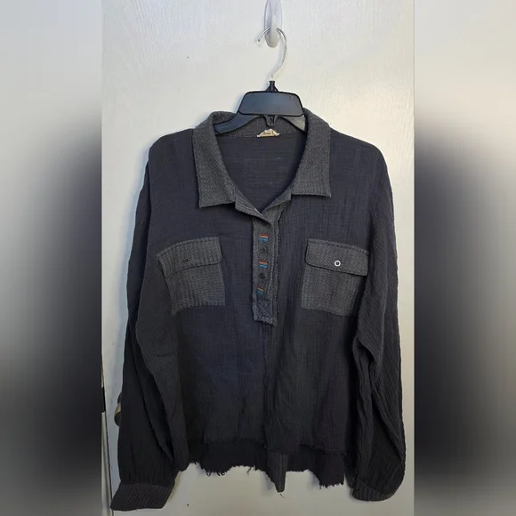 POL Navy Blue Oversized High Low Long Sleeve Henley Knit Top - Picture 1 of 13